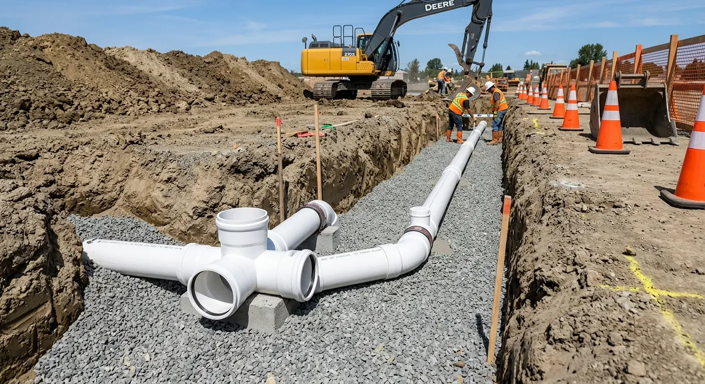 New PVC sewer pipe installation in open trench for Sewer Backup in Kings Mountain