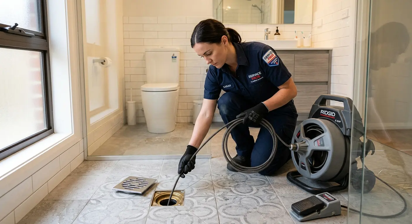 Technician clearing a bathroom floor drain for Hydro Jetting in Kings Mountain